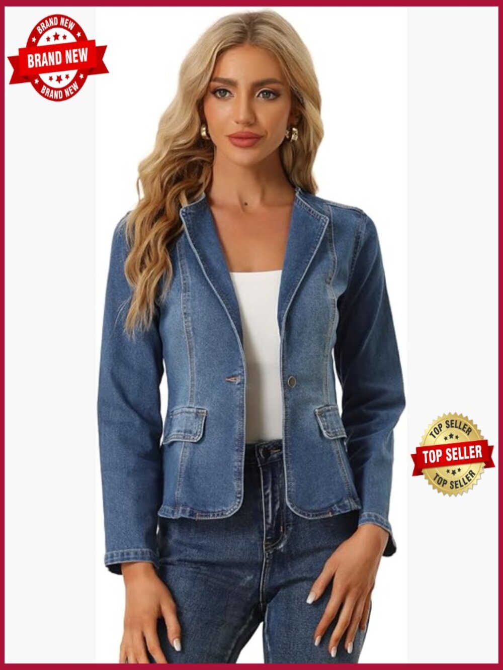 Collarless Long Sleeve One Button Cropped Denim Blazer Jacket